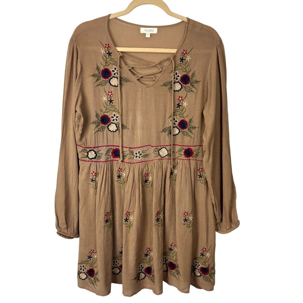 Velzera M Embroidered Tan Long Sleeve Tunic Dress Top Boho Hippie